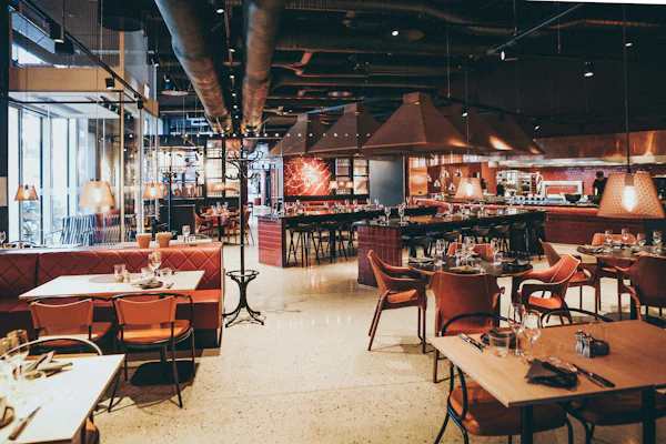 Bright restaurant with dining tables and chairs